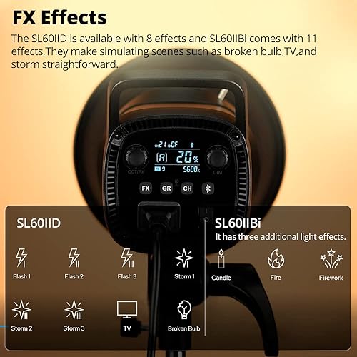 Miniatura 6 de Godox SL60IID Kit de luz LED, paquete de 3 luces de video de estudio de 210 W 5600 K, luz LED de montaje Bowens, máximo 70 W, 8 efectos FX, control