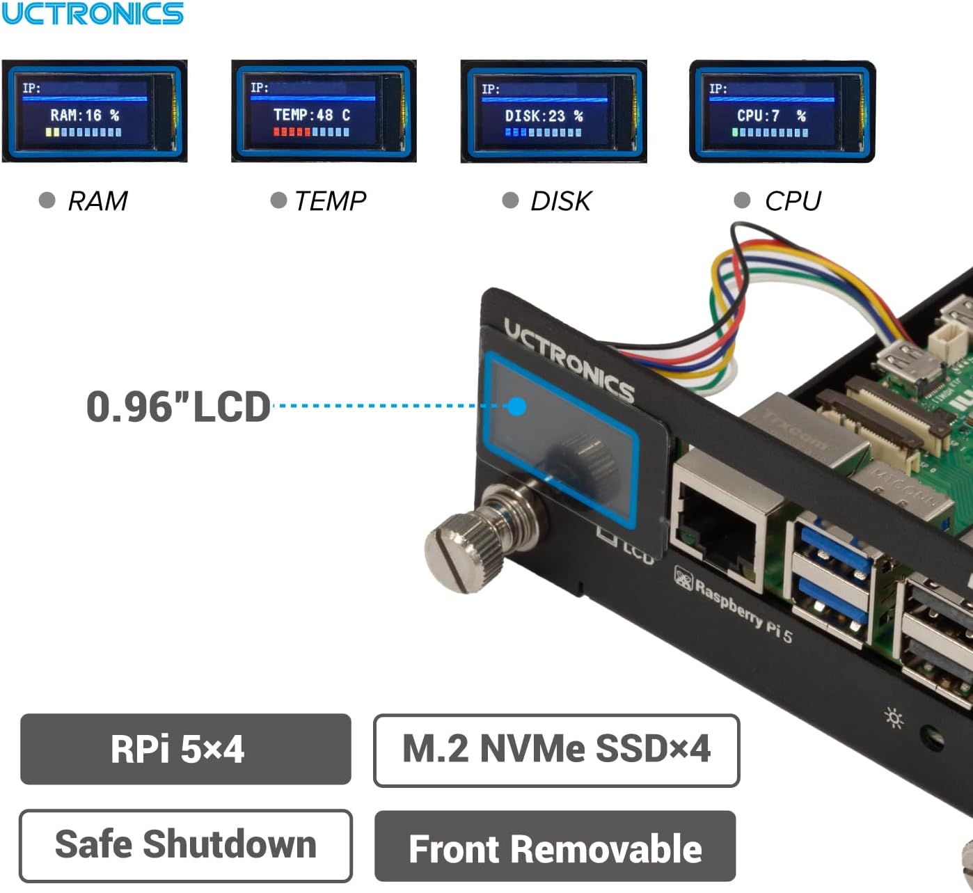 UCTRONICS Pi 5 Rack Pro, Raspberry Pi 5 NVMe Rack with 4 × M.2 NVMe SSD Base, PCIe to NVMe, Safe Shutdown, 0.96" Color LCD