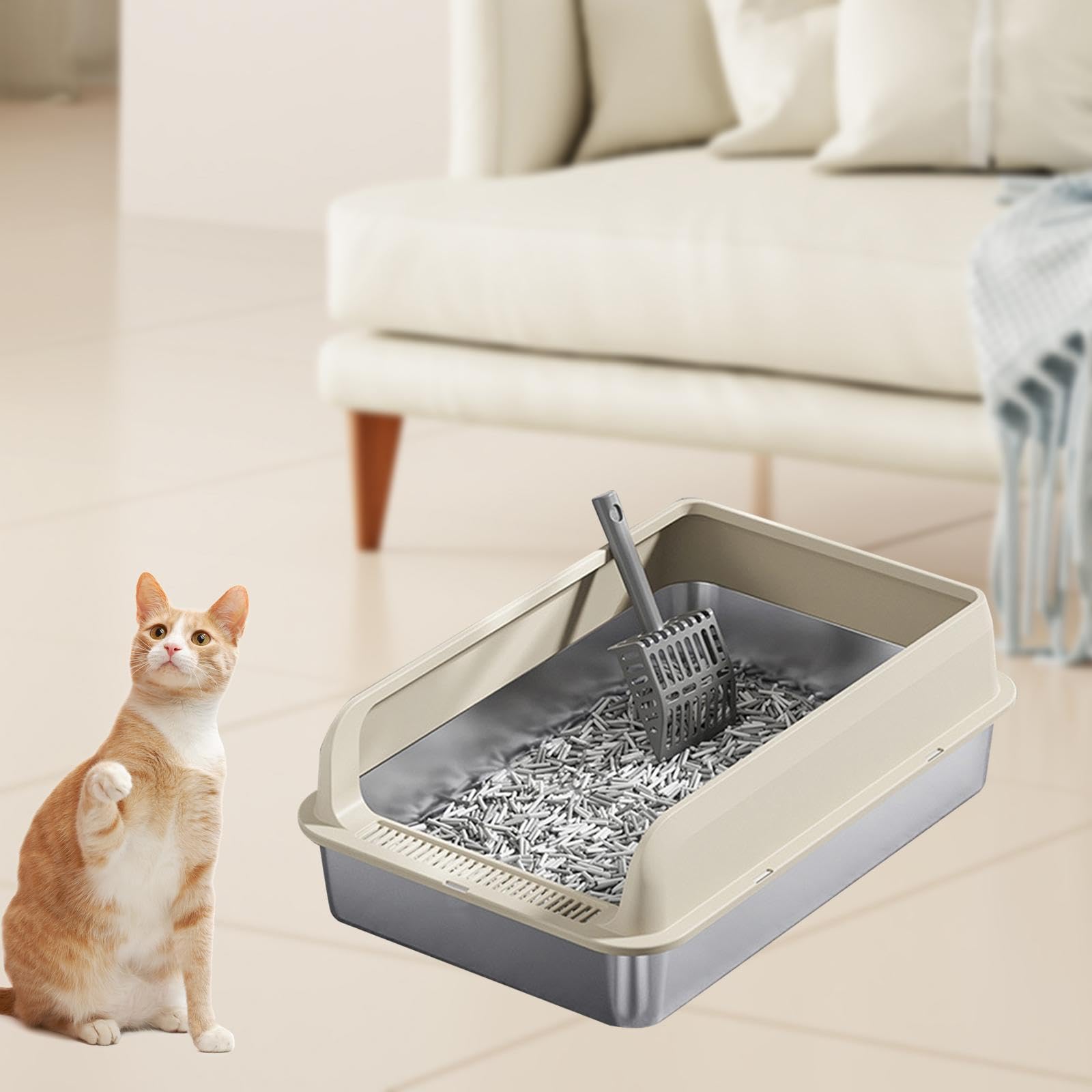 Katzentoilette Edelstahl Katzenklo mit Schutzrand Metall Katzenstreu Pfanne Sandkasten Schale mit Griff für Kätzchen Erwachsene Katzen für Innenräume, Khaki und M