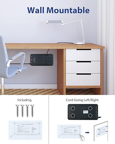 Miniatura 4 de FDTEK - Tira de alimentación con protección contra sobretensiones, 22 tomas de corriente alterna con 6 USB (1 USB-C), cable de extensión de 6.5