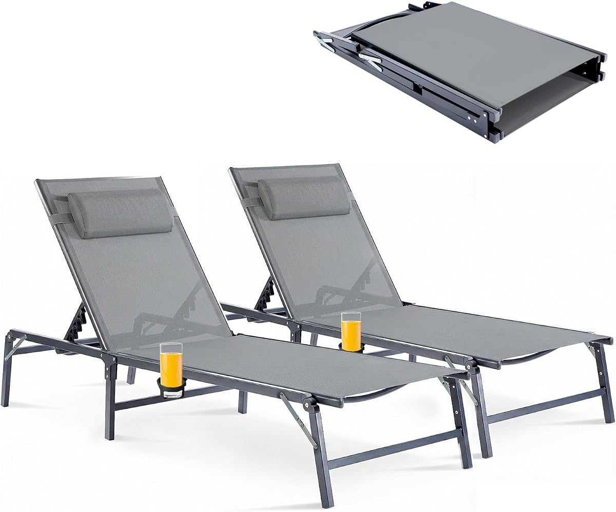 2 Pack Foldable Chaise Lounge Chair with Cup Holder, Assemble-Free Outdoor Lounge Chair with Detachable Pillow and 6 Adjustable Backrest, Patio Lounge Chair for Outside Poolside Beach Pool, Grey