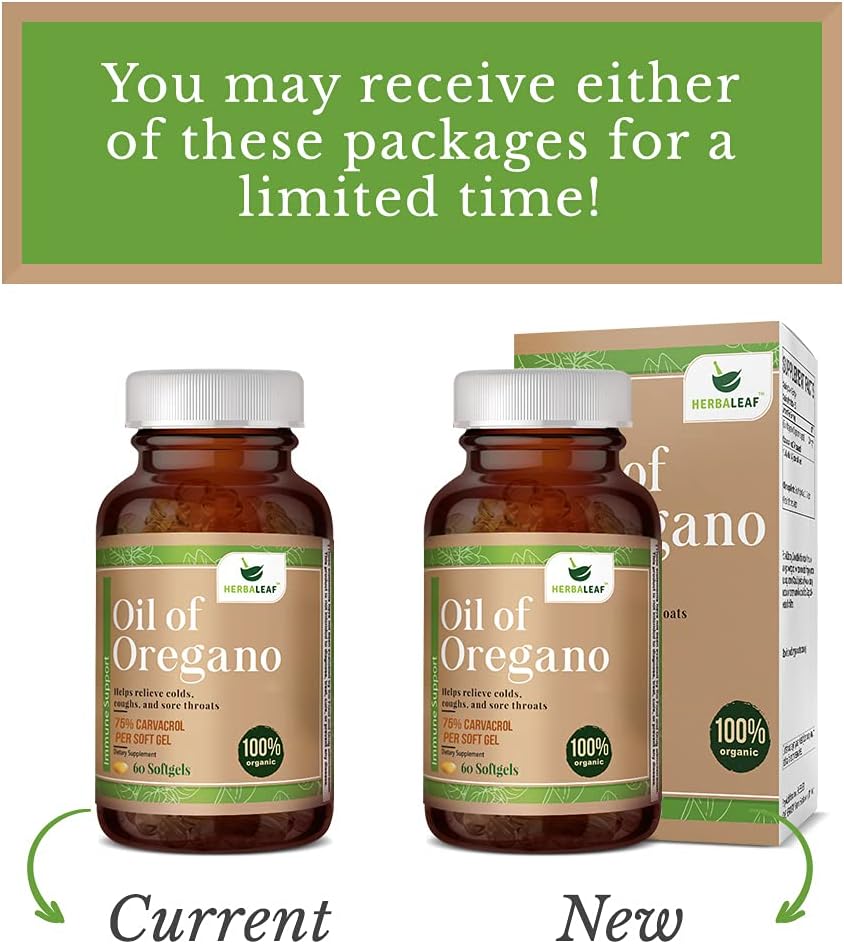 HERBALEAF Oil of Oregano 3X Potency Softgels Immune Defense, Helps Relieve Colds, Coughs, Sore Throats- Gut Support. (60 Count) : Health & Household