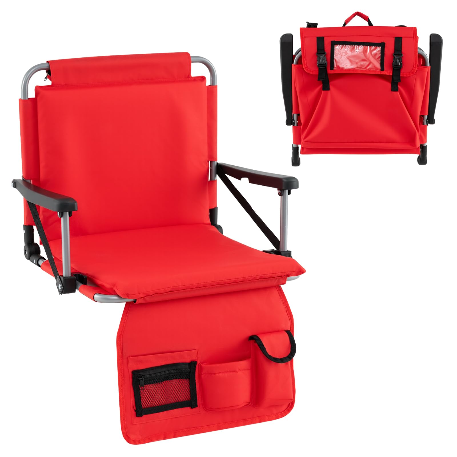 COSTWAY Siège de Stade Pliable, Chaise de Gradin Rembourrée avec Soutien Dorsal, Bandoulière, Poche Filet, Porte-Gobelet&Sac de Rangement, Chaise de Sol pour Yacht Match Sportif, Charge 102KG (Rouge)