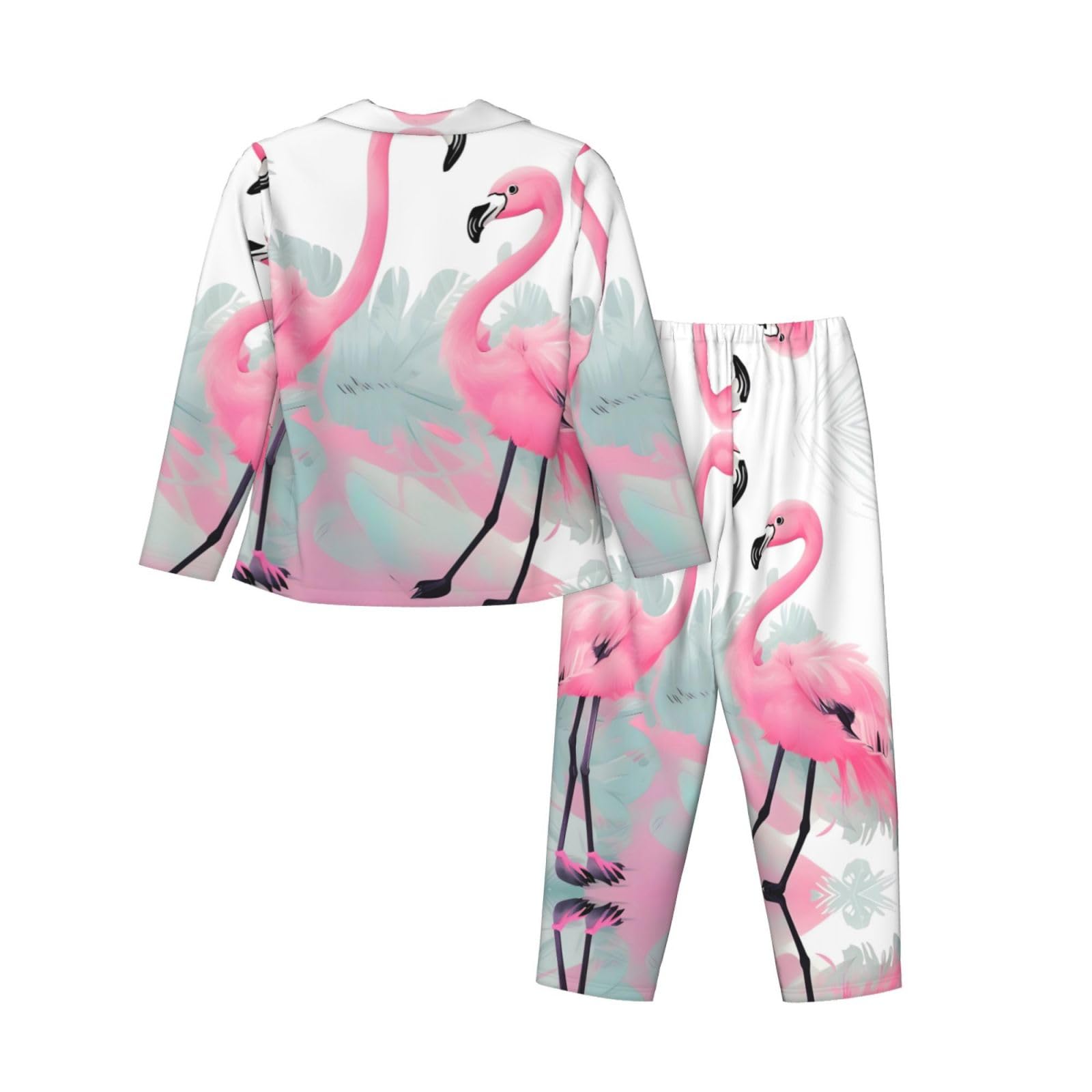 Pigiama da donna a maniche lunghe stampato fenicottero rosa - Morbido e caldo abbigliamento da casa autunno/inverno -