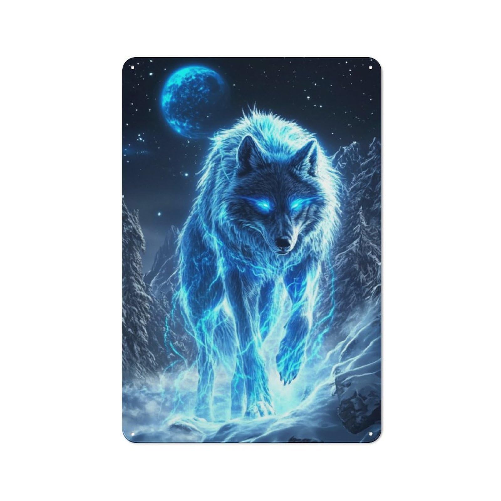 Nostalgic Decorative Tin Plaque 30x20cm Featuring Electric Wolf in Snowy Landscape, Classic Pub Decor for Cafe, Pub, Workshop Or Home Bar