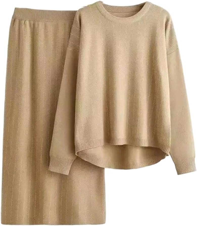 Women O-Neck S Sweater Pullover Tops Korean High Waist Skirts Outfit Knitted 2 Piece Sets