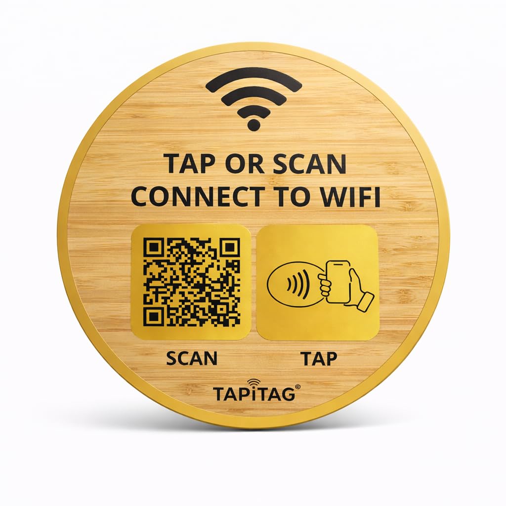 TAPiTAG Porter WiFi – Accès WiFi facile aux invités, sans abonnement, panneau NFC Tap-to-Connect (bambou blanc et or, 70 mm)