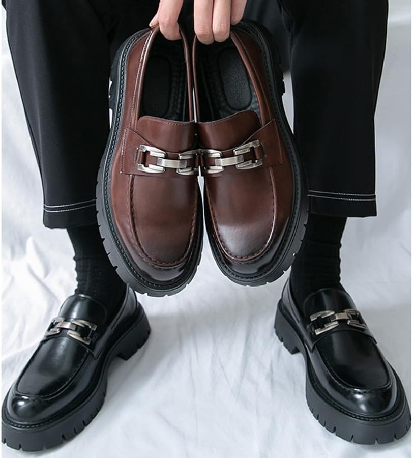 Men's Classic Leather Platform Loafers Comfort Lug Sole Non-Slip Slip-On Dress Shoes Metal Decoration Round Toe Chunky Business Work Shoes - Image 9