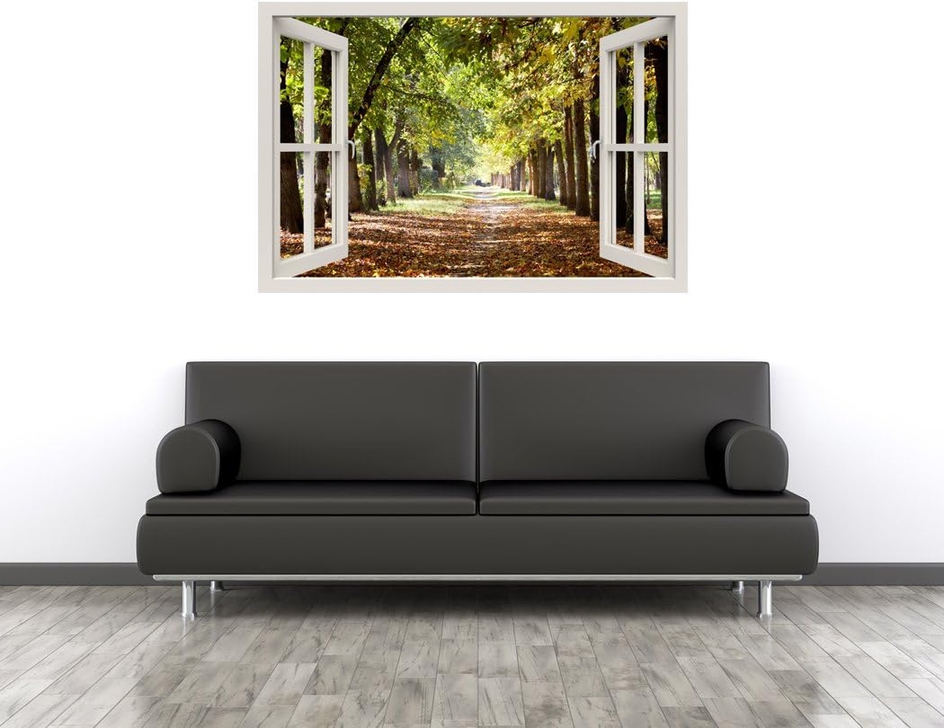 RoyalWallSkins Window Frame Mural Park Footpath - Huge Size - Peel and Stick Fabric Illusion 3D Wall Decal Photo Sticker