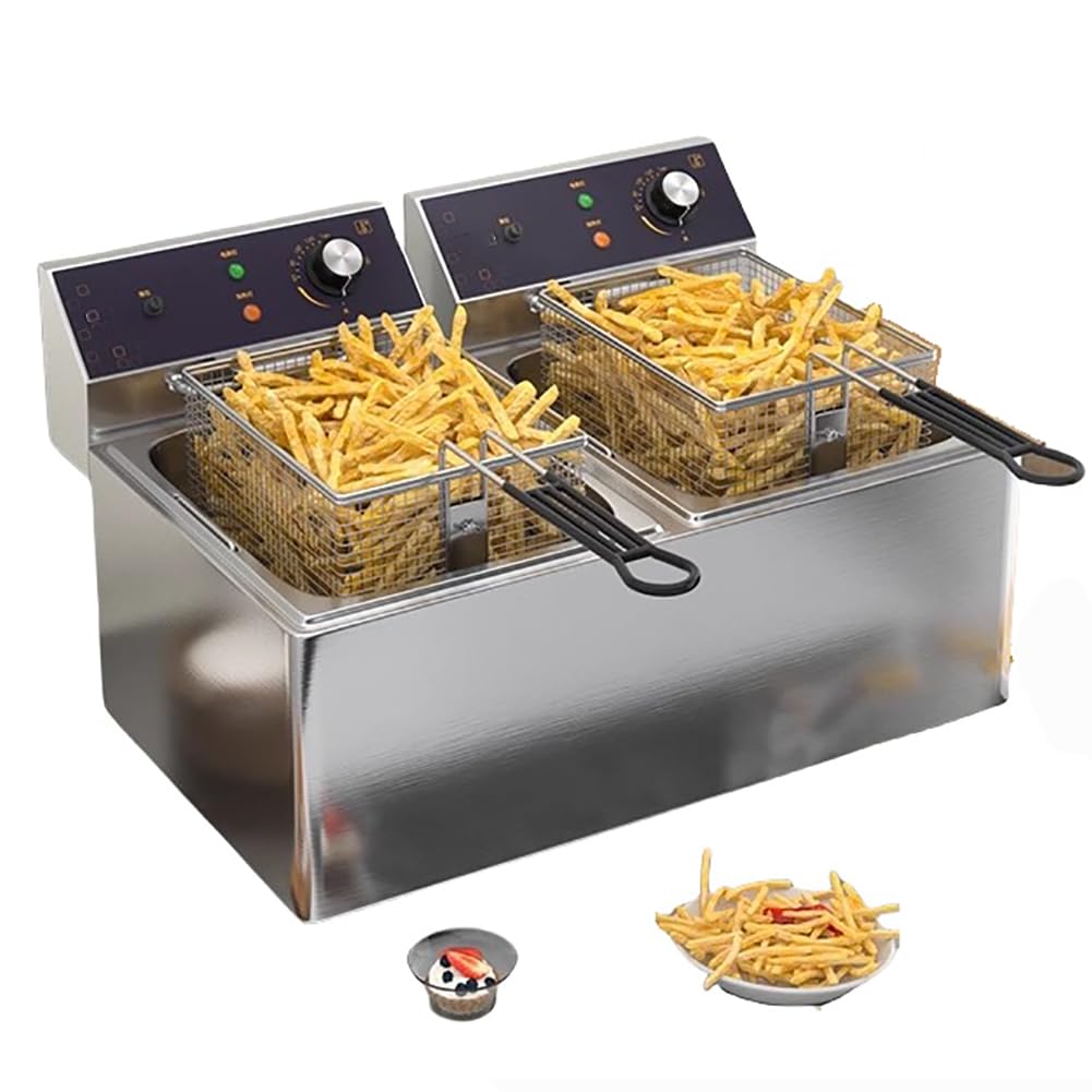 Friggitrice elettrica Professionale a Doppia Vasca Friggitrice elettrica in Acciaio Inox con termostato Grande friggitrice Doppia 3000W X 2 Contenitore dell'olio e cestello Rimovibili Anti