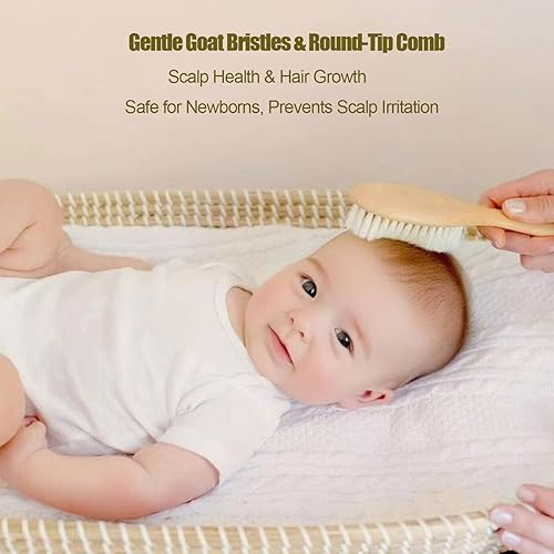 Miniatura 5 de Juego de 6 cepillos y peine para el pelo del bebé, bambú natural y cerdas de cabra para el cuidado de la tapa de la cuna, kit de aseo para recién