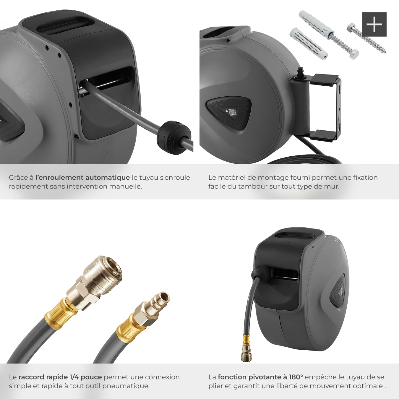 tectake® Enrouleur pneumatique avec tuyau air comprimé 20 m, raccord rapide 1/4, Support mural rotatif à 180° et amovible, 8-12 bars, Dévidoir automatique Enrouleur tuyau air comprimé Atelier Garage