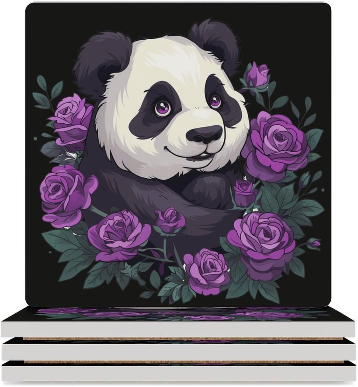 Cute Panda Purple Flowers Coaster for Drinks Square Ceramic Table Coasters Stone Mat Crafts 4PCS Home Kitchen Decor