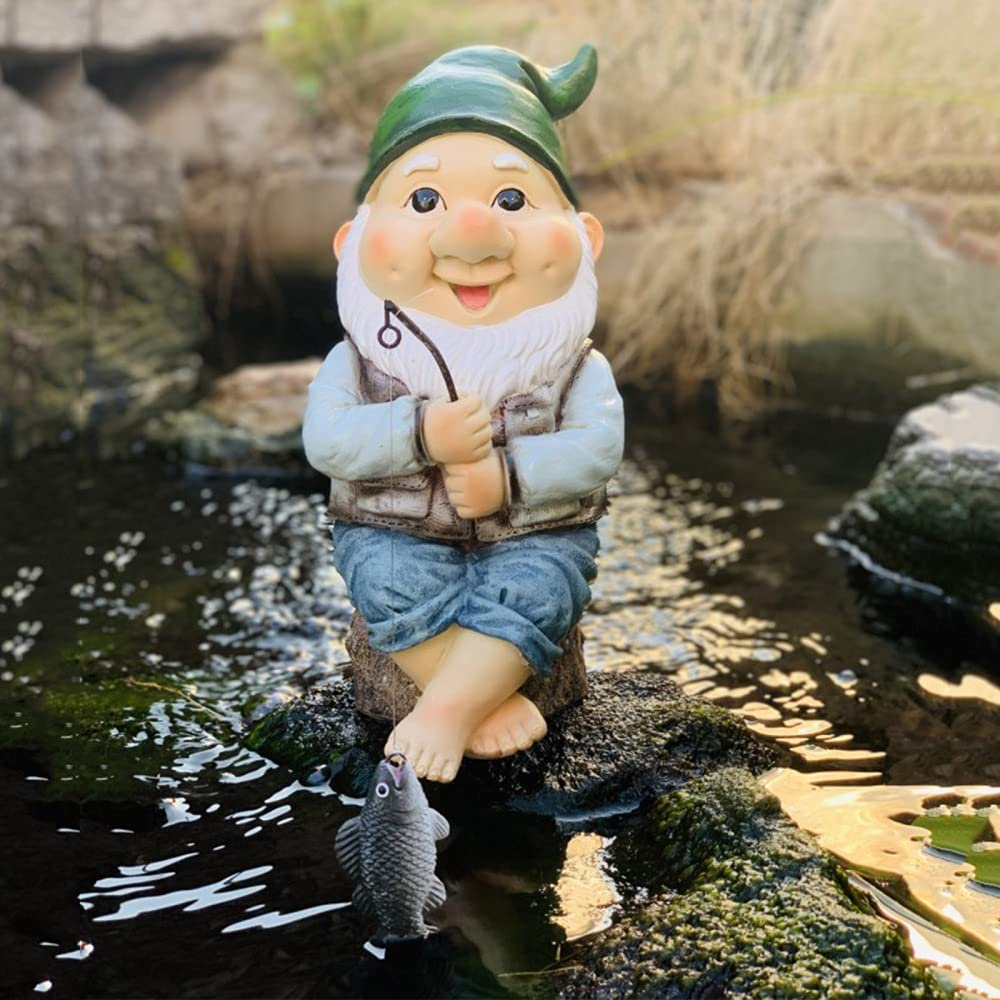 Statua krasnal wędkarski - dekoracja ogrodowa z żywicy, trawnik, patio, podwórko, figurka z wędką