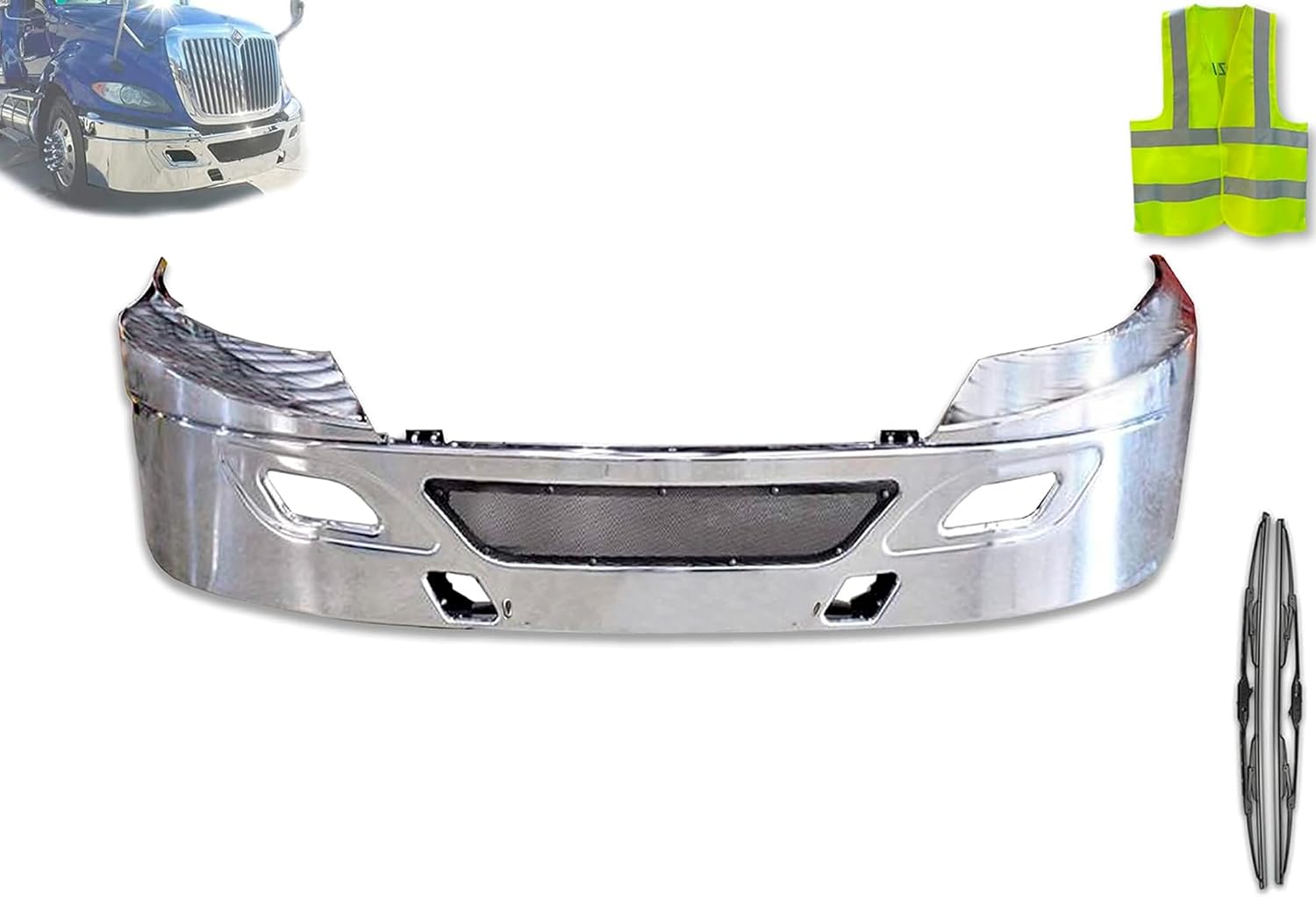 Kozak Bumper Stationary Chrome Steel Compatible with International Prostar 2006-2015 - Includes Logo, 2x22" Windshield Wipers, and KOZAK Vest