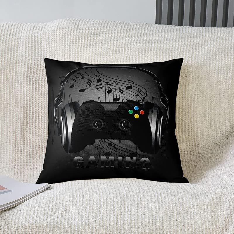 Miniatura 2 de Juego de 2 fundas de almohada con estampado de consola de videojuegos, para el hogar, sala de estar, notas temáticas musicales reversibles, color