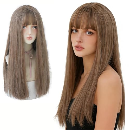 HUAISU 22 Inches Straight Wig with Bangs Synthetic Wig for Women Cosplay | wig with bangs Lightweight Soft Synthetic Comfortable Breathable Heat resistant 22inch Reusable High Density Wig for daily - Chocolate - 22 Inch