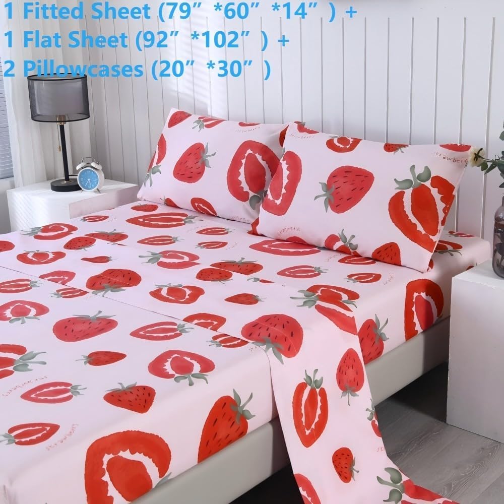 SDIII 4PCS Pink Strawberry Queen Sheets Set, Soft Microfiber Strawberry Bed Sheets Queen Size, Cute Fruit Bedding Sheet for Girls Boys Kids and Teens - Image 2