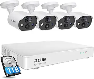 ZOSI C303 Spotlight Home Security Cameras System with Audio,8CH 5MP Lite DVR,4 x 1080p Outdoor Cameras,Color Night Vision,Person Vehicle Detection,Light&Siren Alarm,1TB HDD for 24/7 Recording asin的图片