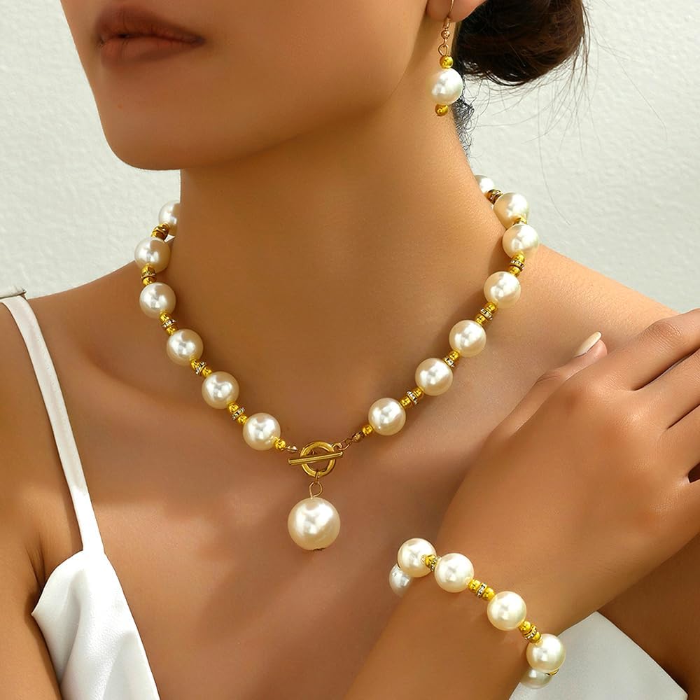 Chunky Big Pearl Bracelet Jewelry Sets for Women,Fashionable White Pearls OT Buckle Choker Necklace,Aesthetic Valentine's Day Jewelry Accessories Gift - Image 2