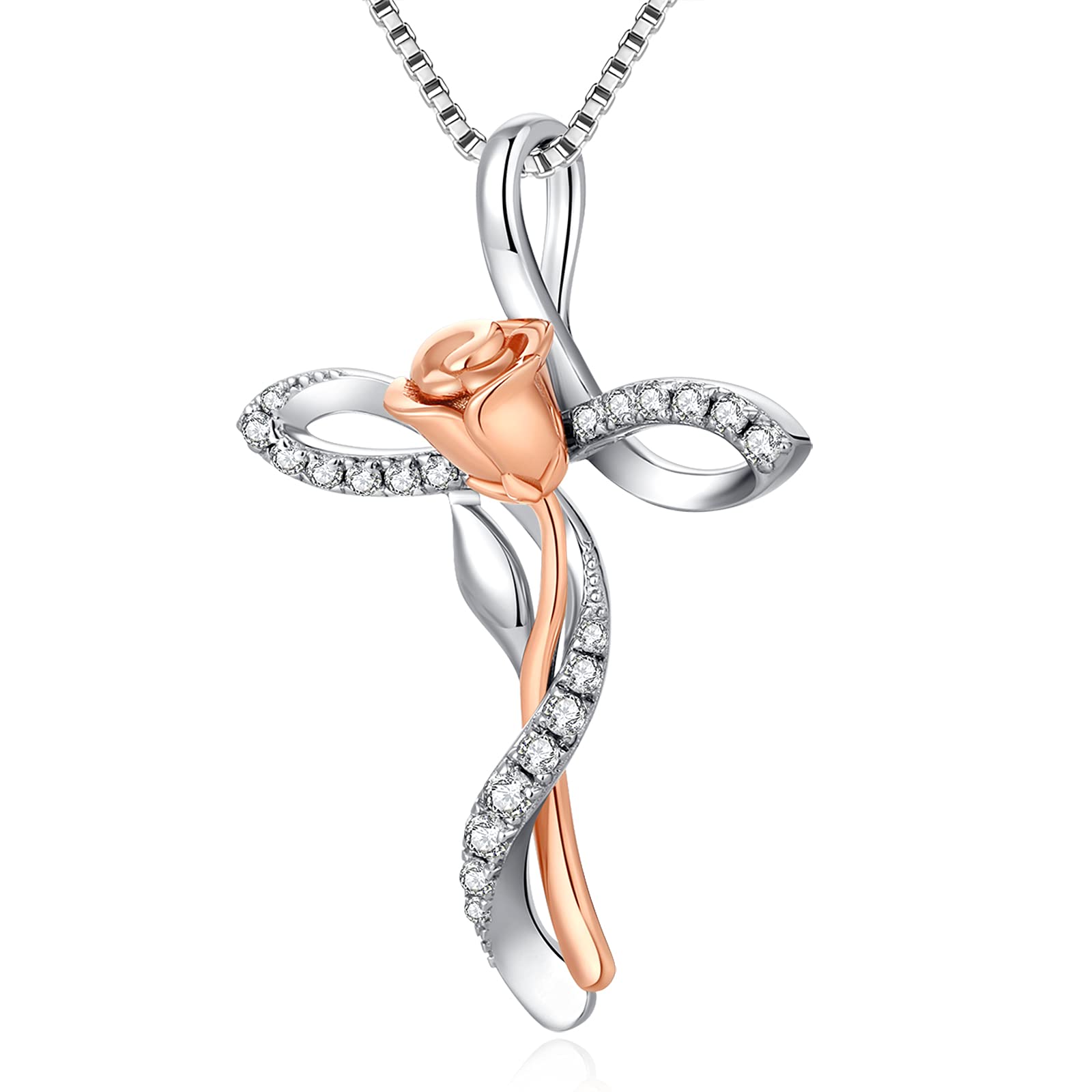 Collana Croce Infinito Rosa 18K placcato in oro bianco per Donna in Argento Sterling 925 con Ciondolo Diamante Simulato, Gioiello Elegante per Donne