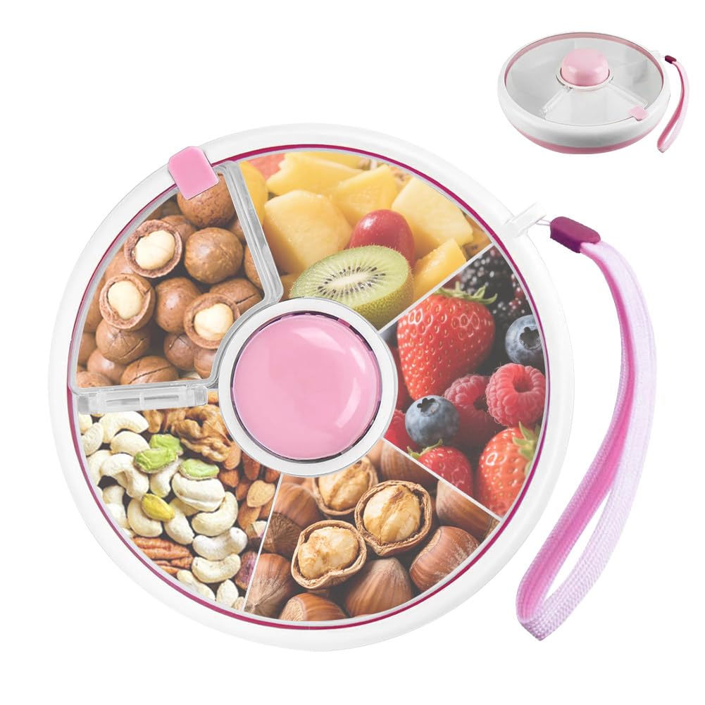 EUBSWA Snackbox Kinder, Snackbox mit Fächern, Reise Snack Spinner, Snack Spinner Rotating Storage,Snackteller mit Deckel, Drehteller Organizer für Obst, Süßigkeiten, Nüsse, Desserts (Rosa)