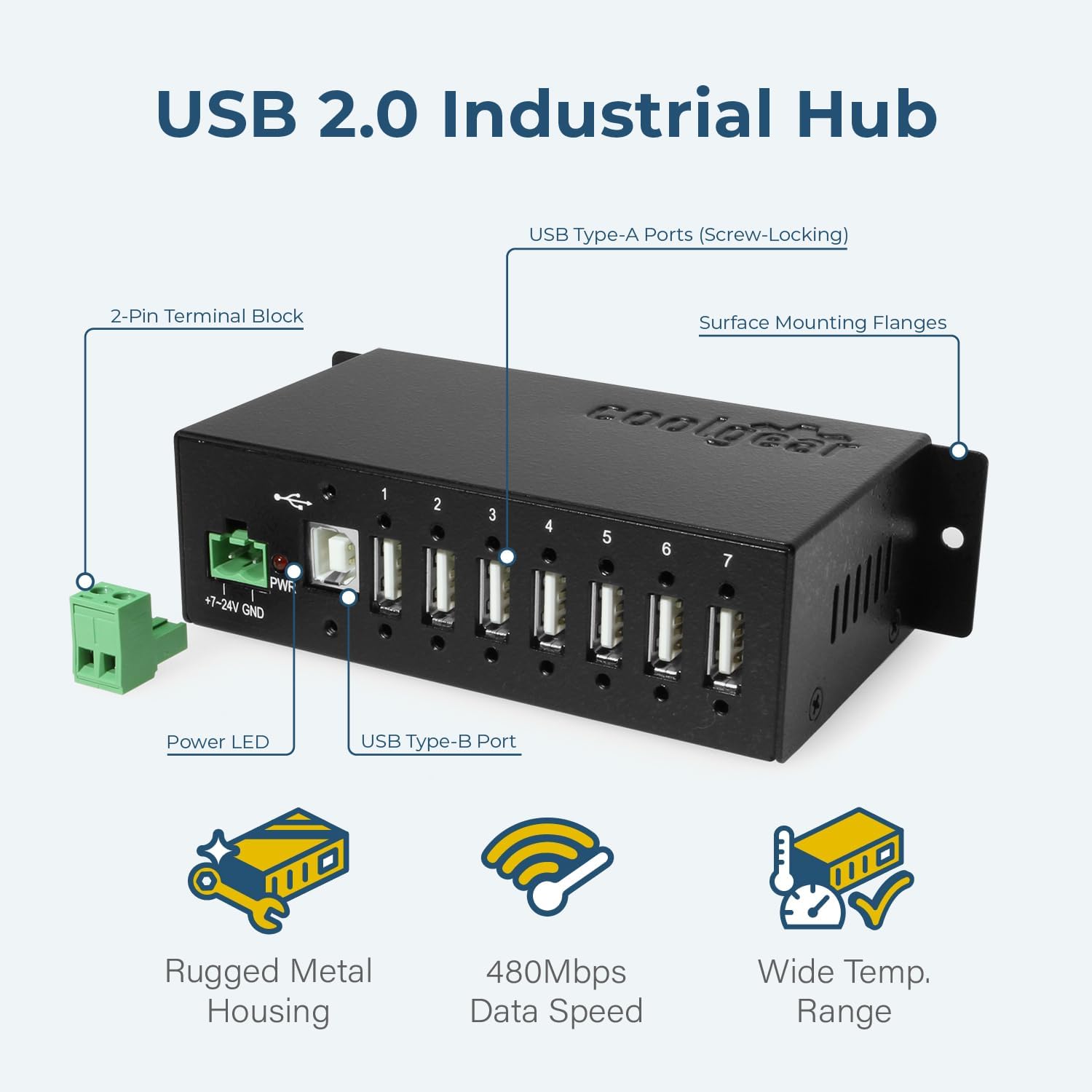 Coolgear Industrial 7-Port USB 2.0 Hub with Secure Screw-Locking Ports | Surface & DIN-Rail Mountable | 480 Mbps Data