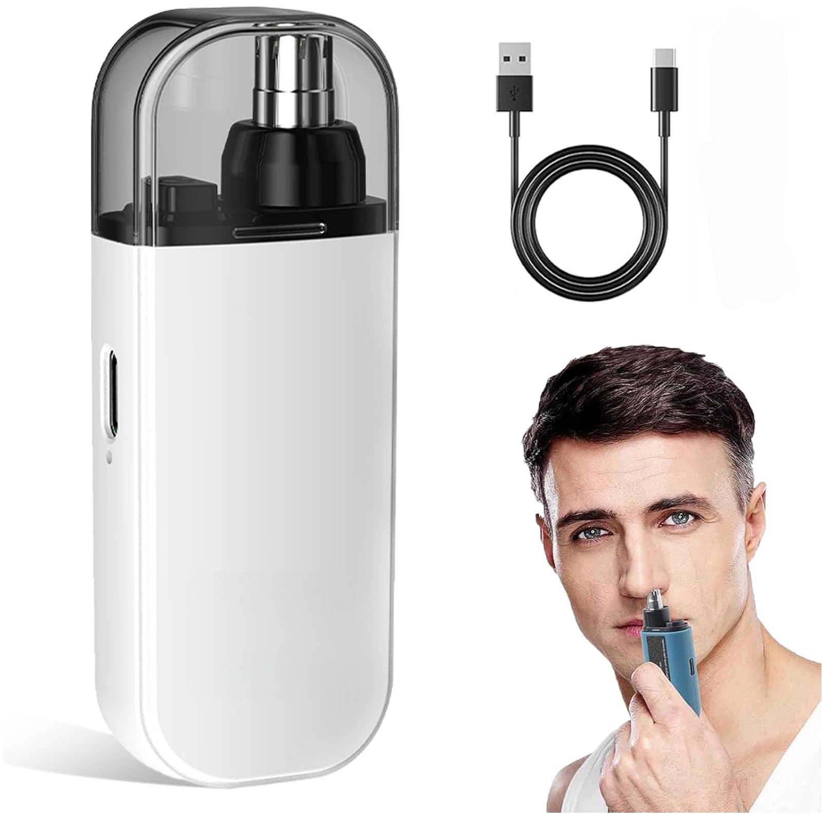 Pikapipy Nose Hair Trimmer, 2 in 1 Nasal Hair Cutter, Rechargeable Portable Nose Hair Trimmer Painless & Precision, Criterion Nose Trimmer, Ipx7 Waterproof with Dust Protection Cap (White)