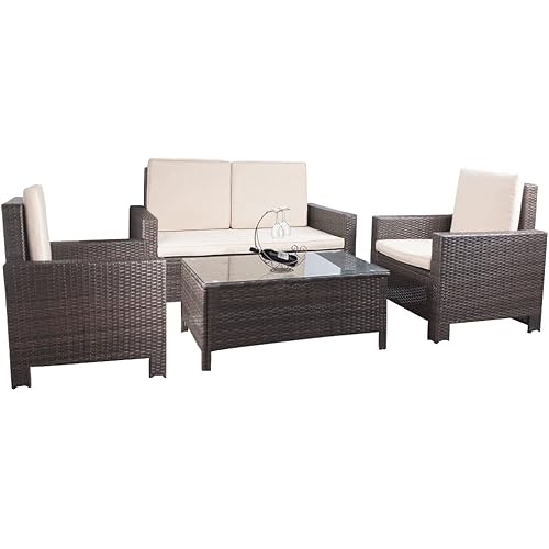 Devoko 4 Pieces Porch Patio Furniture Sets Clearance PE Rattan Wicker Garden Sofa Beige Cushion Chairs with Table Indoor Outdoor All Weather Deck Lawn Couch (Brown)
