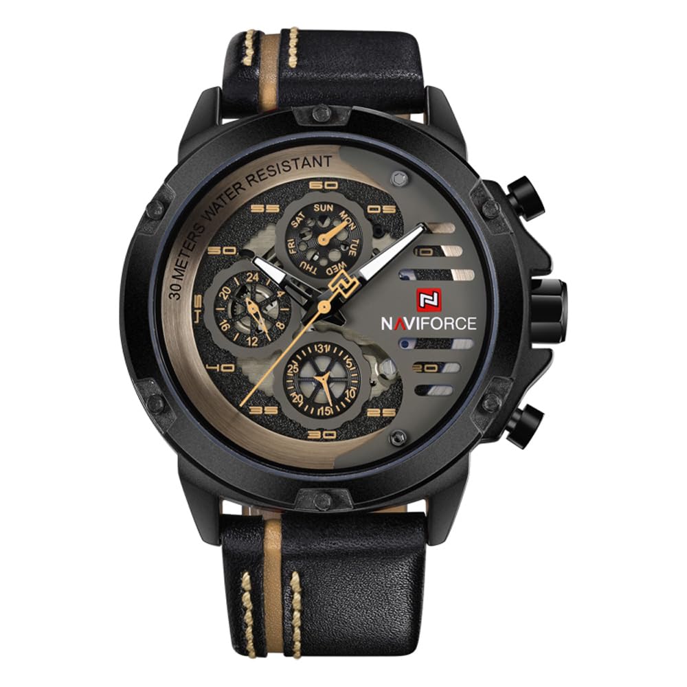 NAVIFORCE Military Sport Waterproof Analog Quartz Leather Date Calendar Clock Men's Casual Wrist Watch,Dial-Multicolor, Band- Multicolor