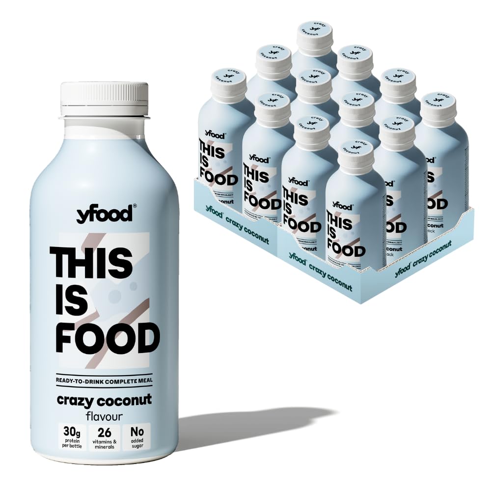 yfood Crazy Coconut, repas prêt à boire, THIS IS FOOD, substitut de repas, 30 g de protéines, 26 vitamines et minéraux (12 x 500 ml), goût noix de coco