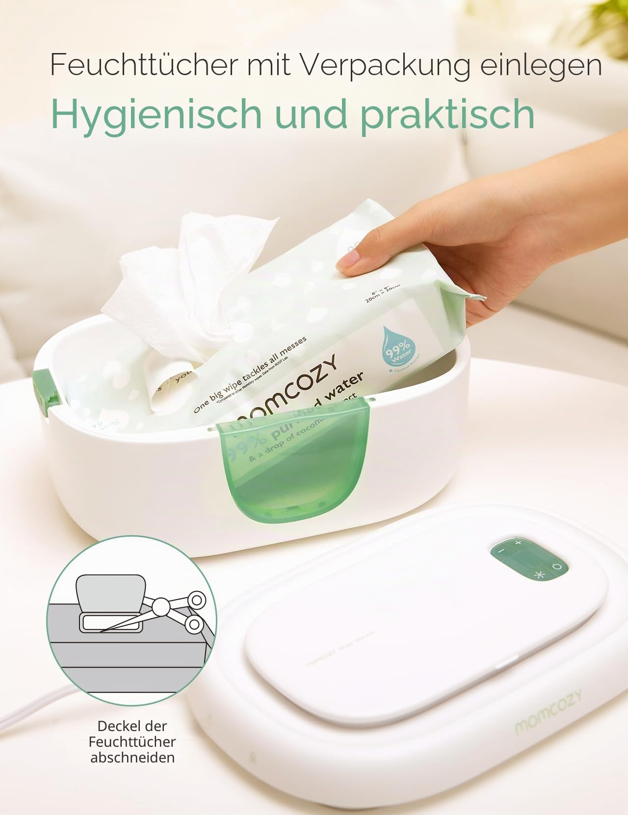Momcozy Feuchttücherwärmer, innovatives Frühlingsdesign, Feuchttücherspender mit großer Kapazität, schnelles und gleichmäßiges Erhitzen, 4 Modi der Temperaturheizung, Windeltücherwärmer mit Nachtlicht