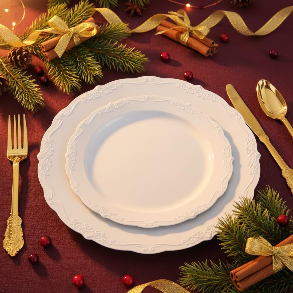 U-QE 100 Pieces White Plastic Plates - White Disposable Plates - Premium Hard Plastic Disposable Plates for Wedding and Party Use Including 50 Dinner Plates 10 '' & 50 Dessert Plates 7.5 '' - Image 5