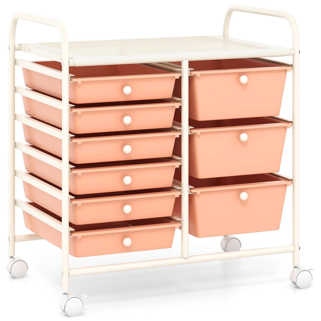 TANGZON 9 Drawers Storage Cart, Multipurpose Rolling Carts with Lockable Wheels, Mobile Utility Storage Trolley Organizer for Home Office Stationery Beauty Salon (Pink)