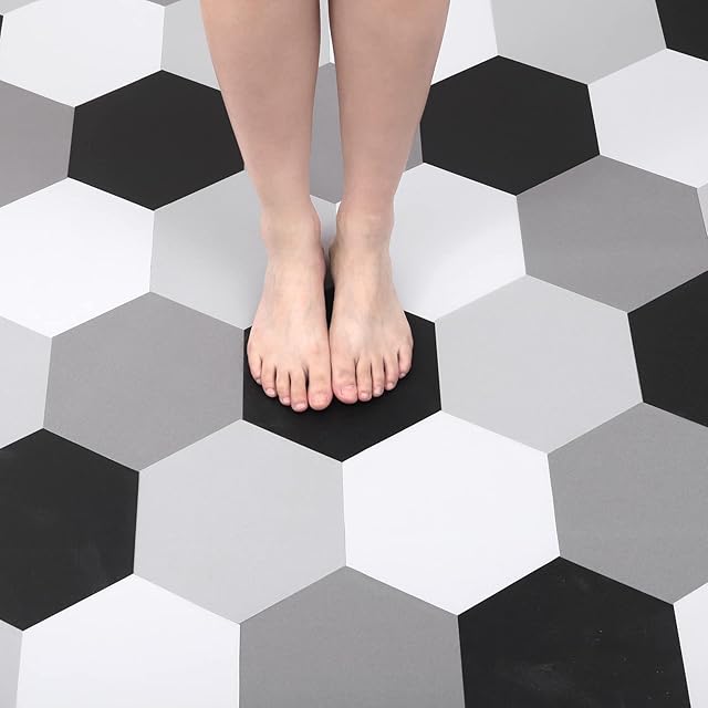 Grey Bathroom Peel and Stick Floor Tile Stick on Floor Tiles Self Adhesive Vinyl Flooring for Kitchen Living Room Hexagon Side Length 11CM 10pcs