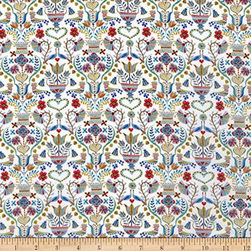 Liberty Fabrics Tana Lawn Love Birds Blue/Mustard Multi, Fabric by The Yard