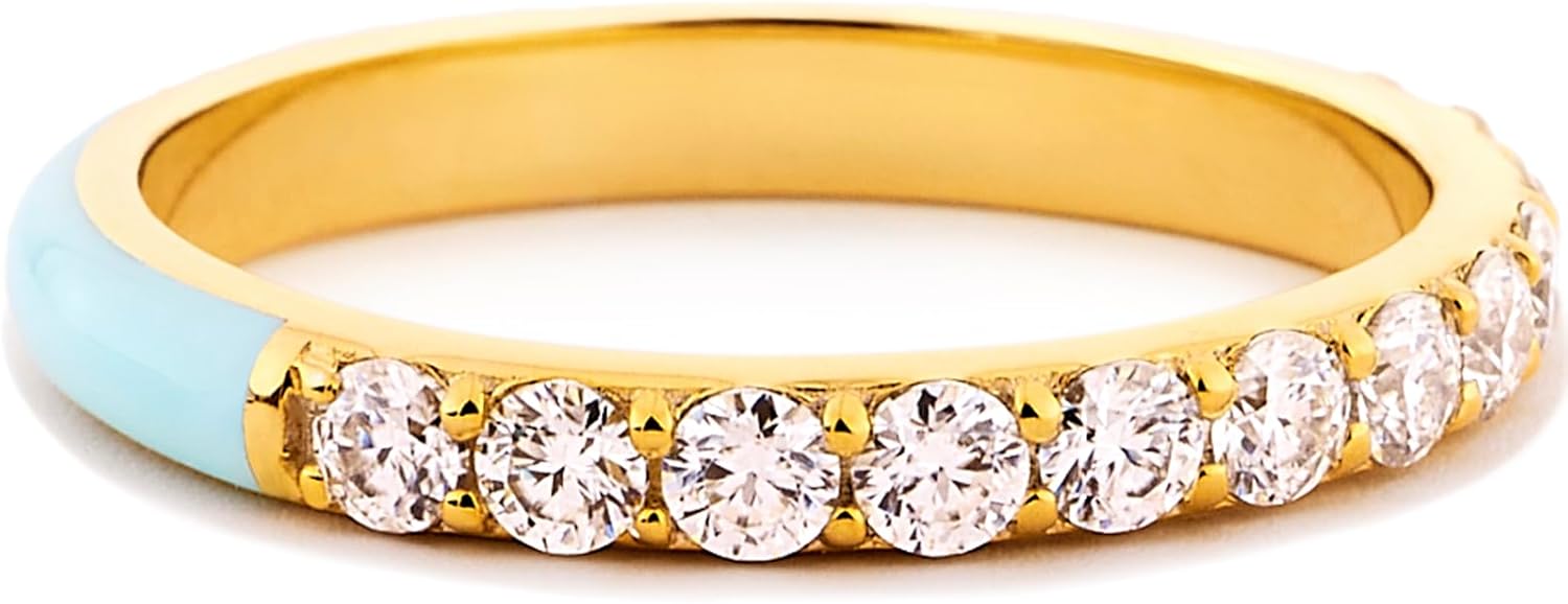 STORYJEWELLERY Enamel Ring, Wedding Bands for Women, Blue Ring, 18K Gold Plated Cubic Zirconia Rings, Gifts for Her