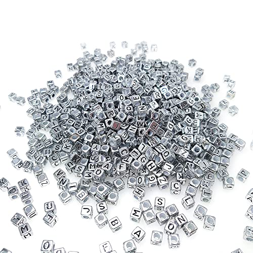 500+ Pieces 6x6mm Silver Cube Acrylic Number Beads 0-9 Mixed Plastic Shape Loose DIY Beads for Jewelry Making Bracelets Necklaces Key Chains (Black on Silver)