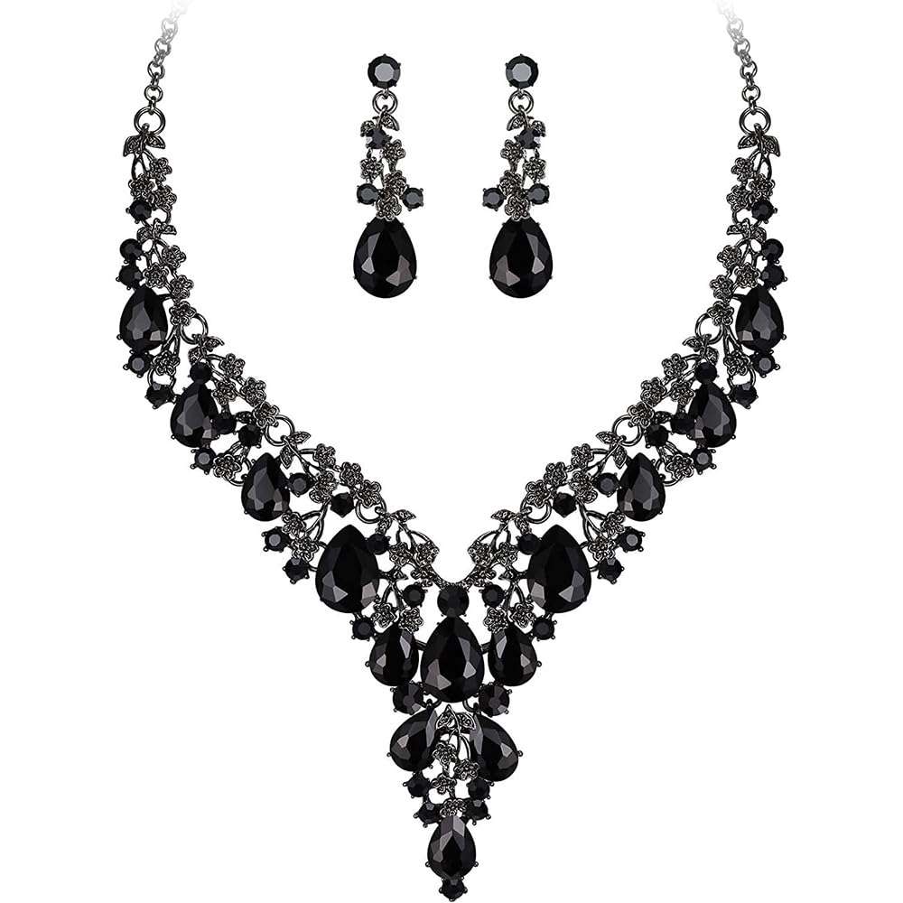 Qlavoca Bridal Bridesmaid Austrian Crystal Jewelry Set, Floarl rhinestone Statement Neckace Teardrop Necklace Drop Dangle Earrings Set