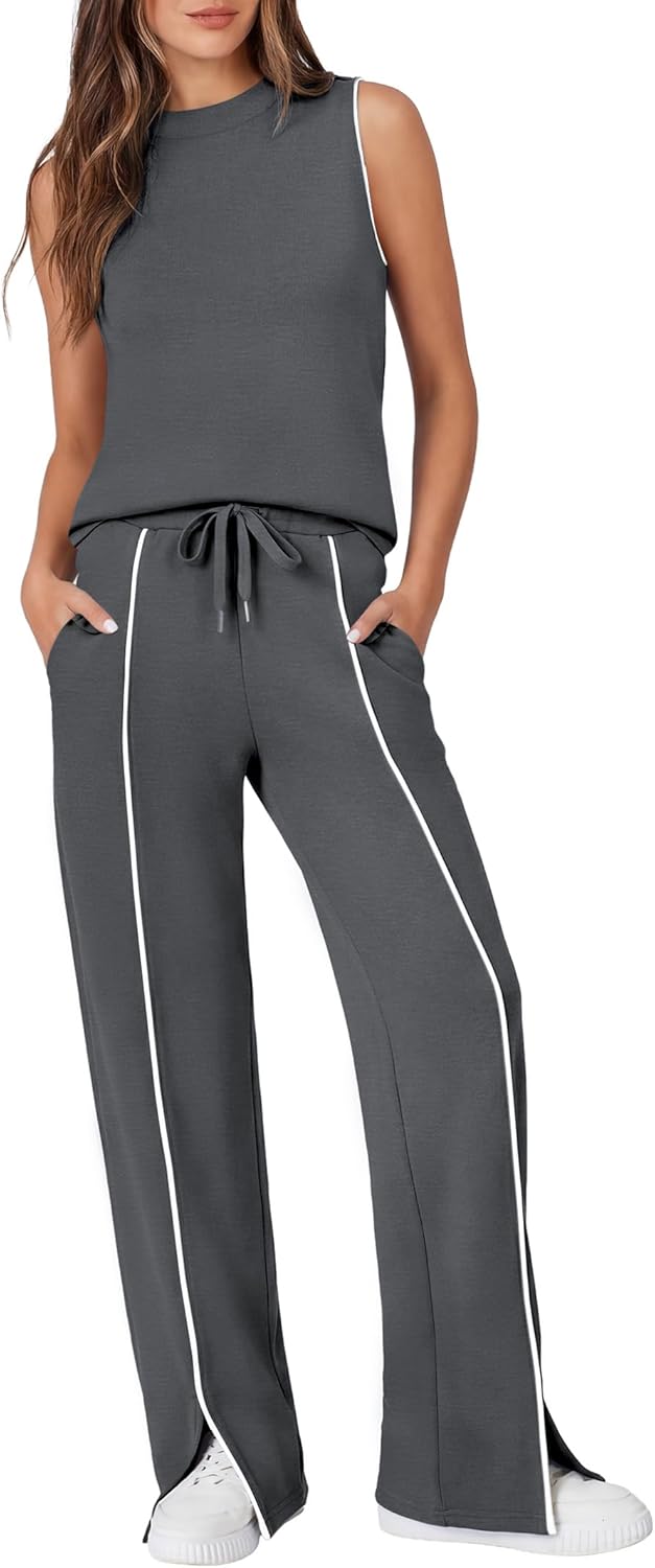 Casly Lamiit Women's 2 Piece Outfits Summer Casual Mock Neck Sleeveless Top Wide Leg Pant Sets Front Slits Travel Sweatsuit