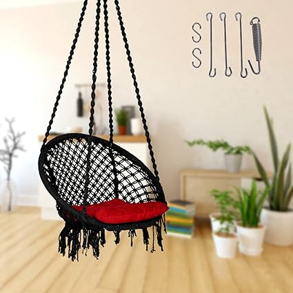 Curio Centre Make in India Black Round Cotton Swing with Square Cushion & Spring Kit/Hammock Swing for Kids & Adults/Swing for Balcony/Cushion & Accessories Included (145 cm X 57 cm X 43 cm,Black)