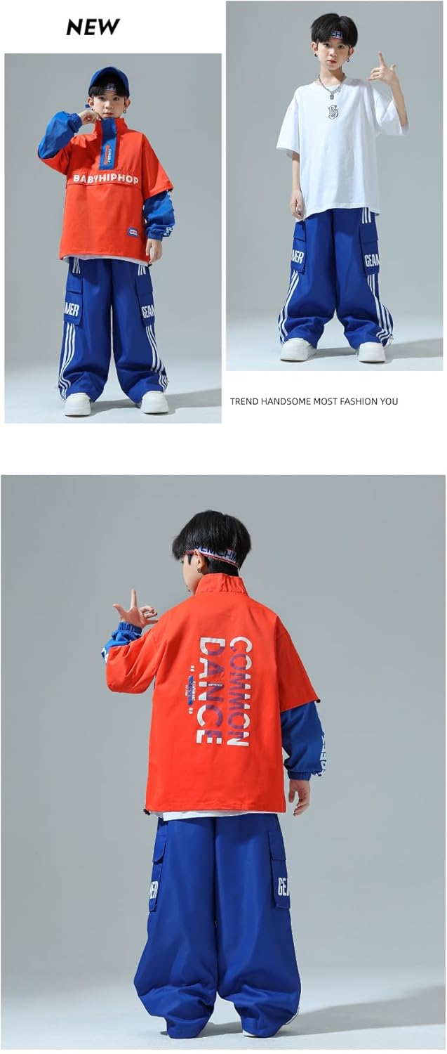 Meufam Kids Boys Girls 3 Piece Hip Hop Streetwear Outfit Set, Stand Collar Jacket & Cargo Pants with Tee/Tank Top for Dance (15 Years,Boy)