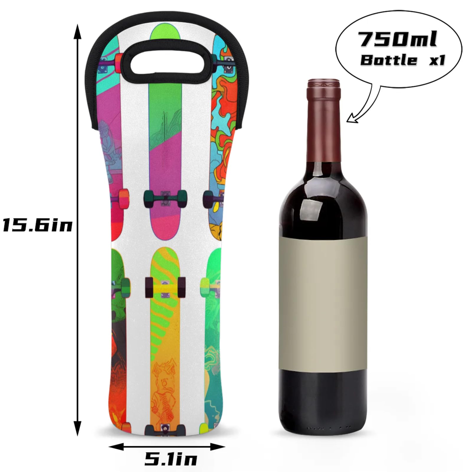 Neoprene Wine Tote Carrier Bag for Wine,Water, Champagne, Beer, Baby Bottles 15.6 x 5.1 Inches, Protective Wine Bag,Skateboards
