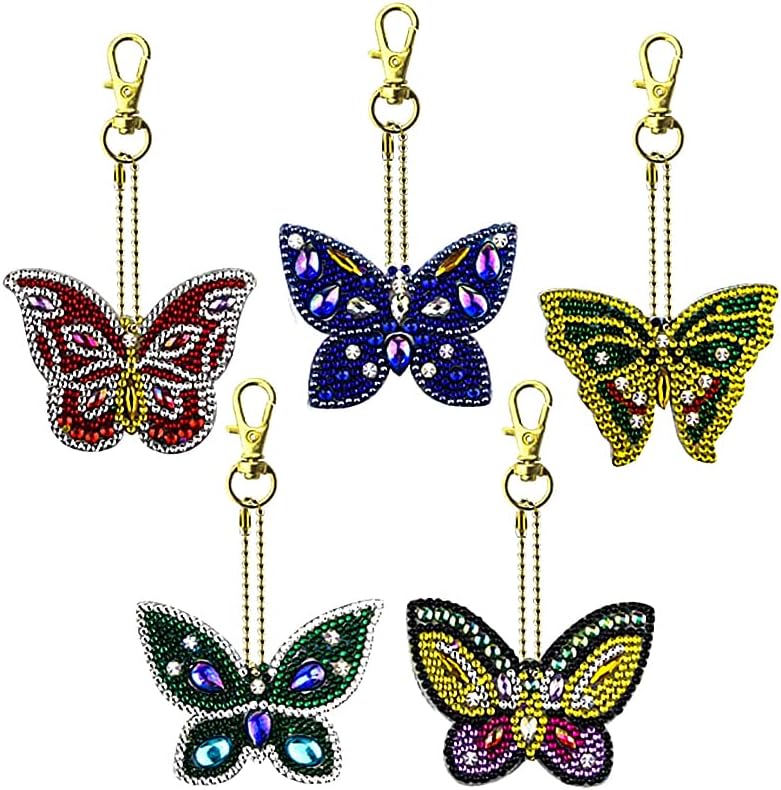 5 Pcs Butterfly 5D DIY Diamond Painting Keychains, Diamond Crystal