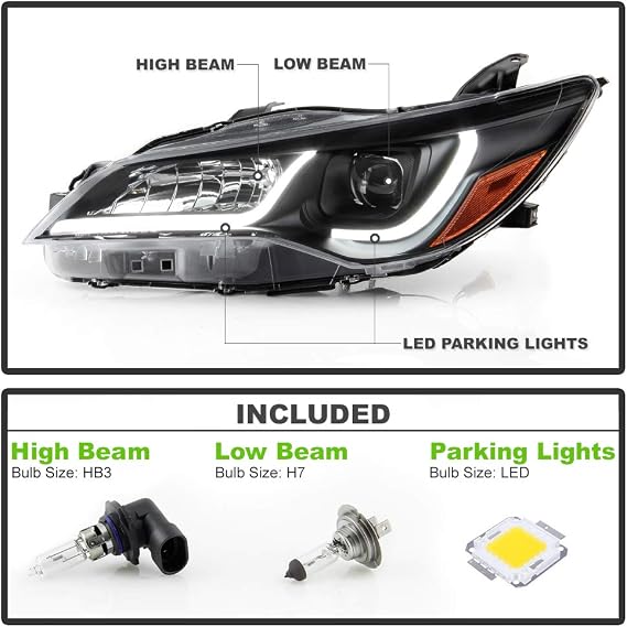 ACANII - For [Halogen Model Only] 2015-2017 Toyota Camry Black Housing LED Tube Projectoe Headlights Headlamps Assembly