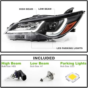 ACANII - For [Halogen Model Only] 2015-2017 Toyota Camry Black Housing LED Tube Projectoe Headlights Headlamps Assembly