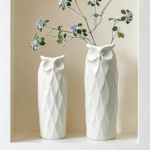 Owl Ceramic Vase Set of 2 for Living Room Bedroom 9.45'' and 8.27'' Modern White Fake Flower Plant Vases for Home Decor Office Table Shelf Fireplace Retro Rustic Farmhouse Vintage Classic Gift