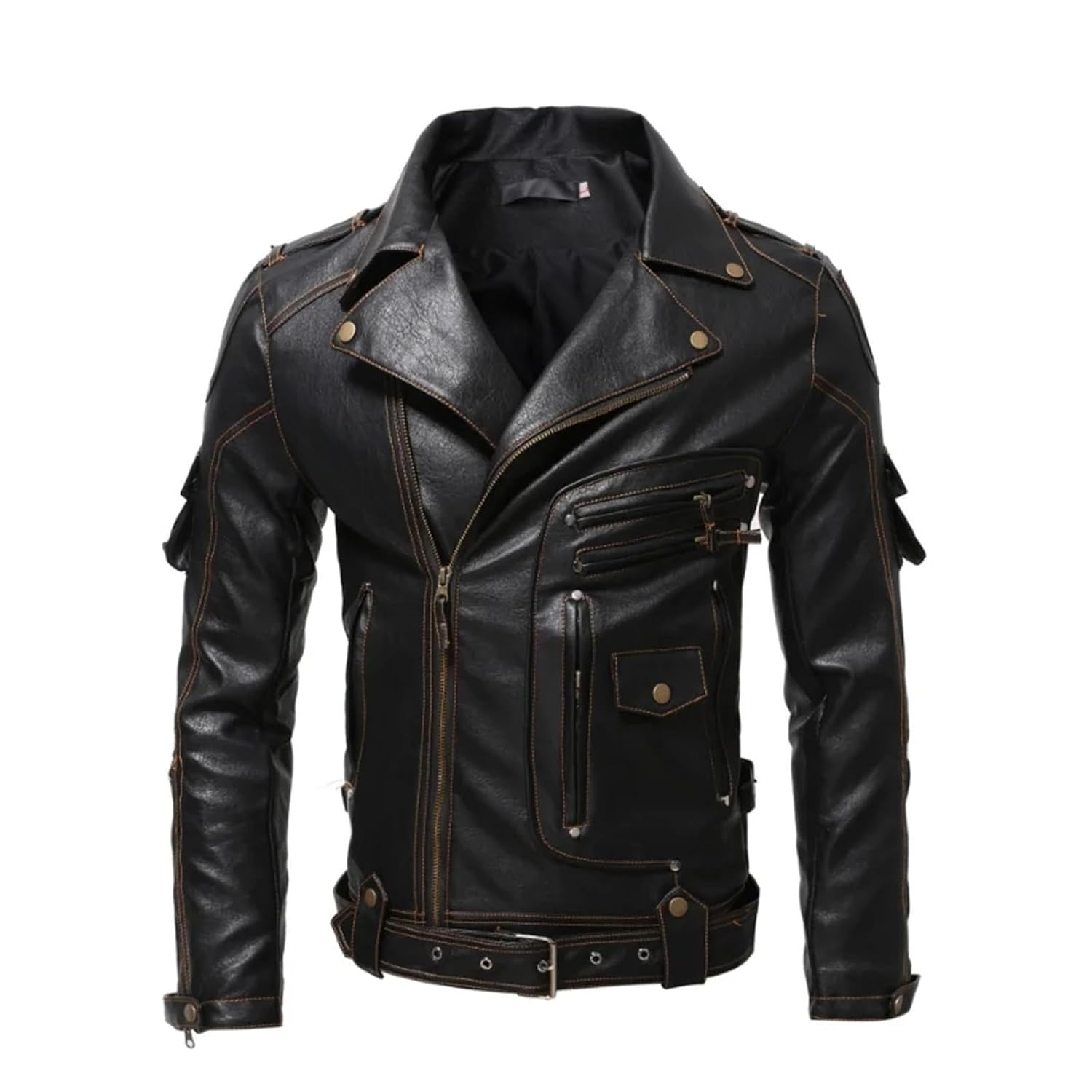 Vintage Motorcycle Multi-zip Jacket With Lapel Pu Leather Multi-pocket