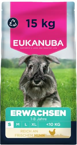 Eukanuba Hundefutter Trocken mit frischem Huhn für kleine Rassen, Premium Trockenfutter für ausgewachsene Hunde, 15 kg