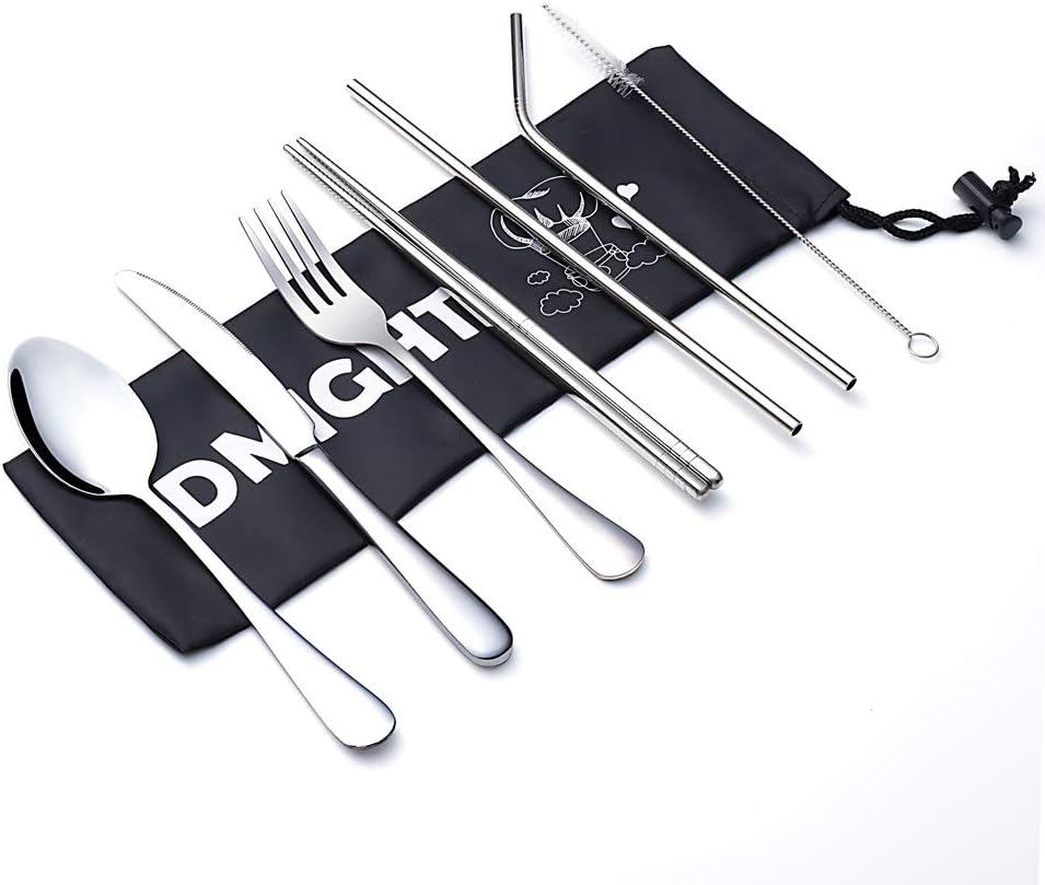 Reusable Utensils with Case - DMight 7 Pieces Portable Silverware Set with Anti-rust Stainless Steel Knife Fork Spoon Chopsticks Straws, Travel Cutlery Set, Dishwasher Safe
